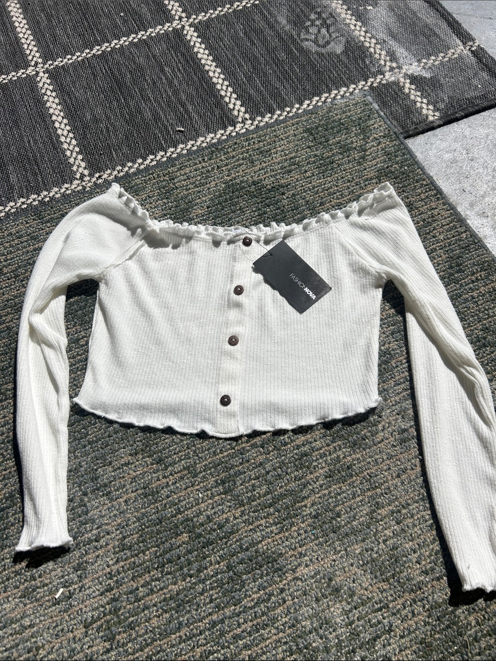 Fashion Nova White Off-Shoulder Ribbed Button Crop Top